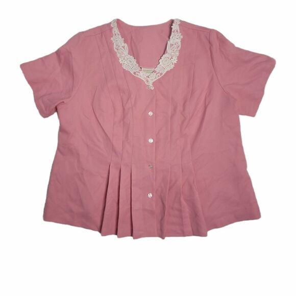 VINTAGE 80s blouse pink lace collar‎ peplum pleated button top 22W - Picture 1 of 8